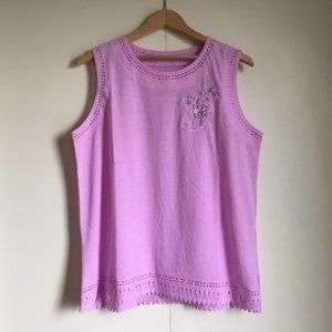 Cute Lilac Floral Embroidered Die Cut Hem Tank Top
